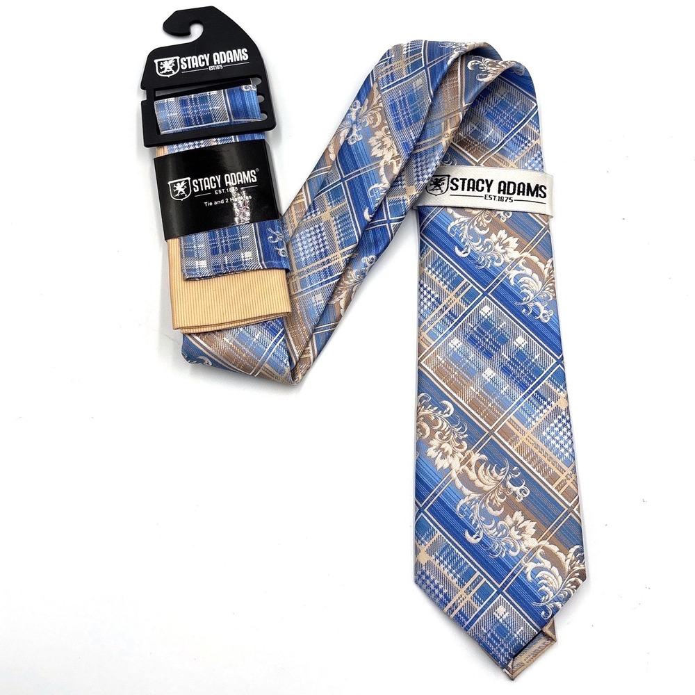 Stacy Adams Necktie Set OS Blue Taupe Plaid Floral Damask Formal 3pc Set 2064